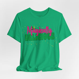Black t-shirt with 'Magically Delicious Funny St. Patrick's Day' design on a white background