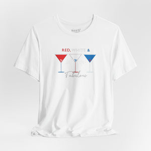 Navy blue t-shirt with 'Red White and Fabulous Patriotic Martini July 4th' design on a white background