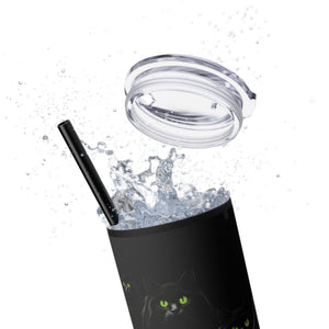 mug with 'Bewitching Black Cats Eyes Halloween Insulated Tumbler 20oz' graphic on a white background