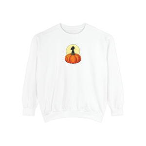 Denim blue sweatshirt with 'Great Pumpkin Halloween Fall' design on a plain background