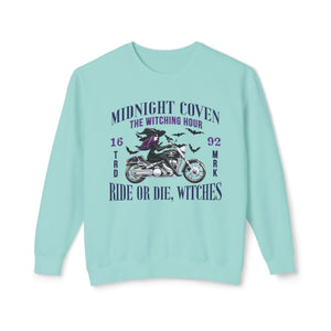 Dark sweatshirt with 'Ride or Die Witches Halloween' design on a plain background