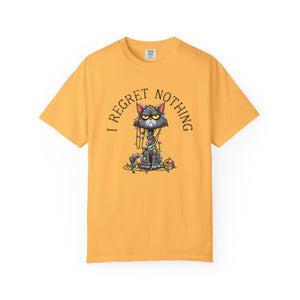 Yellow t-shirt with a cartoon cat tangled in Christmas lights with text at the top that says I Regret Nothing