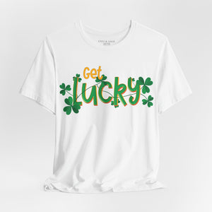 Leaf t-shirt with 'Get Lucky Funny St. Patrick's Party' design on a white background