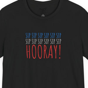 Black t-shirt with embroidered red white and blue text design on a white background