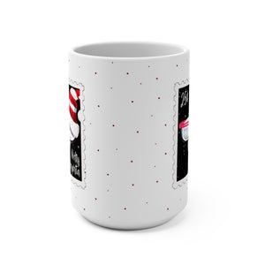 mug with 'Merry Margarita Postage Stamp Christmas 15oz' graphic on a white background