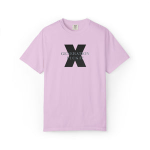 Light purple t-shirt with embroidered Gen X  text on a white background