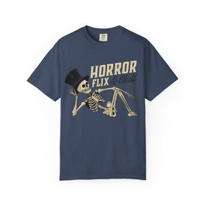 White t-shirt with 'Horror Flix & Chill Skeleton Halloween' design on a white background