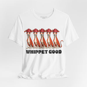 Leaf t-shirt with 'Whippet Good Devo 80's Music Funny' design on a white background