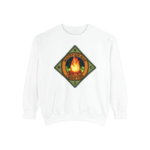 White sweatshirt with a graphic design on a white background