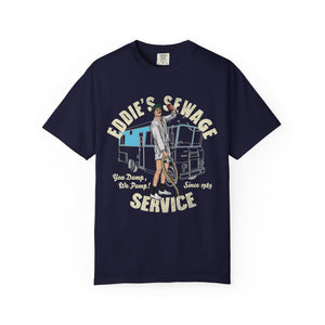 navy blue t-shirt with logo graphic and text 'Eddie's Sewage Service You Dump We Pump Since 1989'.