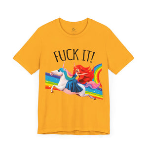 Charity pink t-shirt with 'Rainbows & Unicorns Funny' design on a white background
