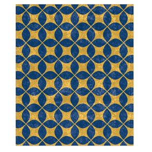 A blue and yellow geometric patterned throw blanket made of polyester, displayed both folded and unfolded to show the pattern and texture.