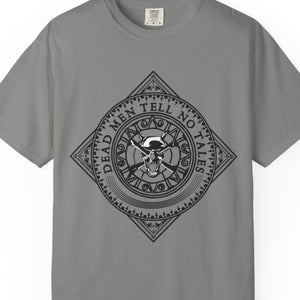 Gray t-shirt with a graphic design on a white background