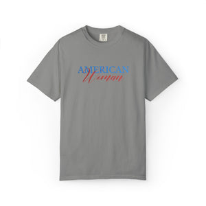 Blue t-shirt with 'NO RUSH' text on a white background