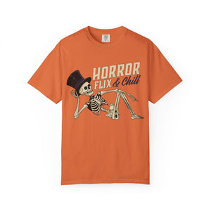 True navy t-shirt with 'Horror Flix & Chill Skeleton Halloween' design on a white background