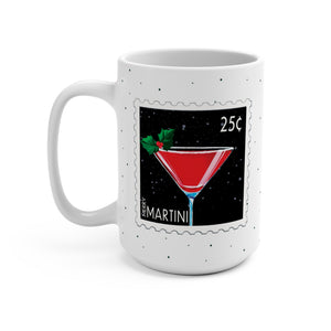 mug with 'Merry Martini Postage Stamp Christmas 15oz' graphic on a white background