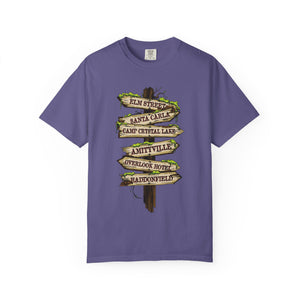 Light blue t-shirt with 'Horror Road Sign Halloween' design on a white background