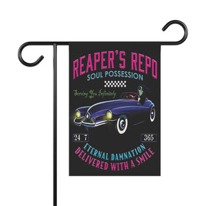 Garden flag with 'Grim Reapers Car Repo Halloween' design