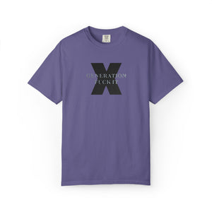 Purple t-shirt with embroidered Gen X  text on a white background