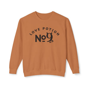 Black sweatshirt with 'Love Potion No 9 Halloween' design on a plain background