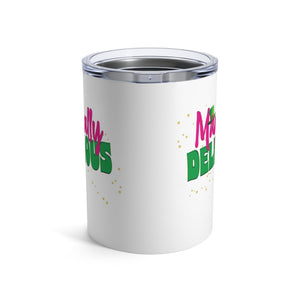 mug with 'Magically Delicious Funny Insulated Travel 10oz' graphic on a white background