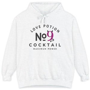 White hoodie with 'Love Potion No. 9 Cocktail Maximum Power' text and logo on a white background