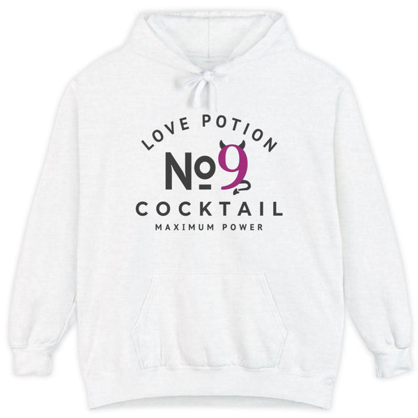 White hoodie with 'Love Potion No. 9 Cocktail Maximum Power' text and logo on a white background