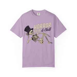 Dark blue t-shirt with 'Horror Flix & Chill Skeleton Halloween' design on a white background