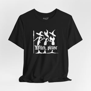 Black t-shirt with witch graphic and 'Witch Please' text on a white background