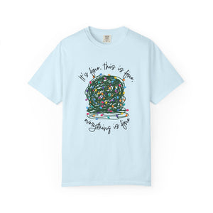 light blue t-shirt with a graphic of a tangled ball of lights with text It's fine, this is fine, everything is fine.