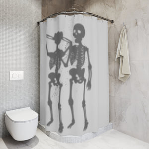 Shower curtain with 'Skeleton Couple' pattern in a bathroom setting