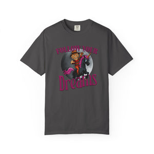 Gray Halloween t-shirt with Freddy Kreuger on a black unicorn graphic and 'Follow Your Dreams' text on a white background