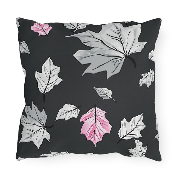 Dark Grey & Pink Fall Leaves Indoor Outdoor Pillow