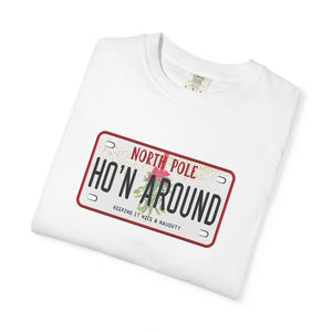 White tshirt with a humorous holiday license plate design on a white background