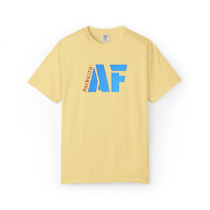 Yellow t-shirt with 'Patriotic AF' text on a white background