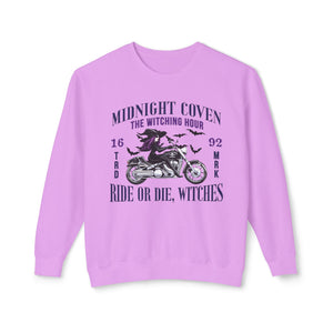 Chalky mint sweatshirt with 'Ride or Die Witches Halloween' design on a plain background