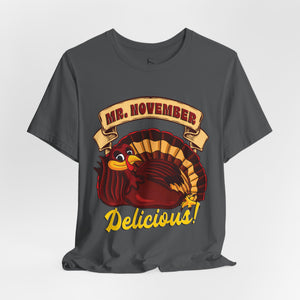Gold t-shirt with 'Mr. November Turkey Funny Thanksgiving' design on a white background