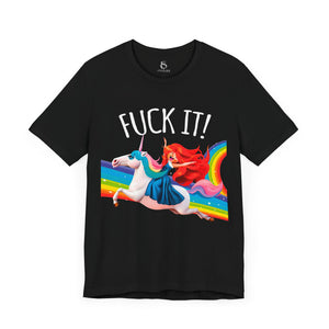 White t-shirt with 'Rainbows & Unicorns Funny' design on a white background