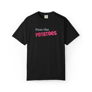 Black t-shirt with embroidered text that says Pass the Potatoes 