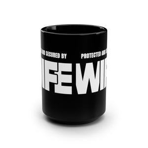 mug with 'Protected By Wife Funny Husband Gift' graphic on a white background