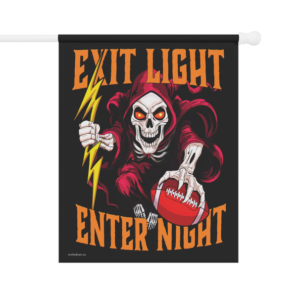 Va Tech Hokies Football Decorative flag with a skeleton holding a football and lightning bolt, text 'EXIT LIGHT ENTER NIGHT' on a black background.