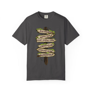 Crimson t-shirt with 'Horror Road Sign Halloween' design on a white background