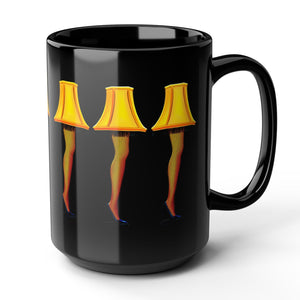 Black mug with leg lamp design on a white background