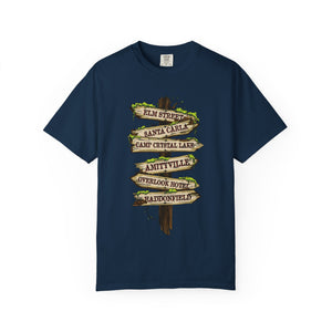 White t-shirt with 'Horror Road Sign Halloween' design on a white background