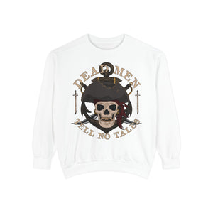 Crimson sweatshirt with 'Dead Men Tell No Tales Pirate Skull' design on a plain background