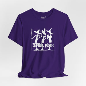 Purple t-shirt with witch graphic and 'Witch Please' text on a white background