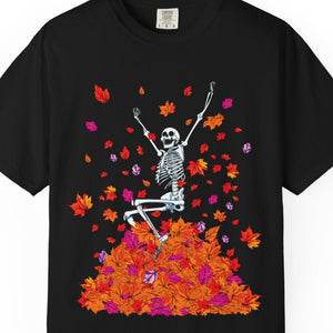 Black t-shirt with a skeleton and colorful leaves design on a white background