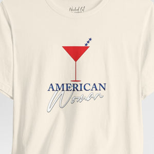 White t-shirt with red cocktail glass and blue text 'American Woman' on a white background