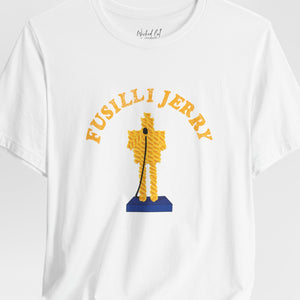 A white short-sleeve crewneck t-shirt featuring a graphic print of a yellow rope-bound figure on a blue base with the text 'FUSILLI JERRY' in yellow arched above it, displayed on a light gray background.