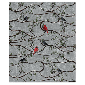 Pattern of red and black birds on snowy branches with a gray background